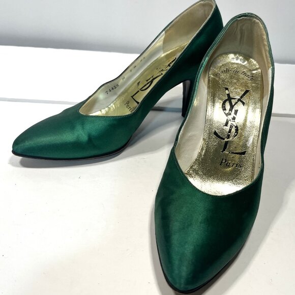 YVES SAINT LAURENT Hunter Green Satin Heels Size 7-1/2B - Picture 9 of 10